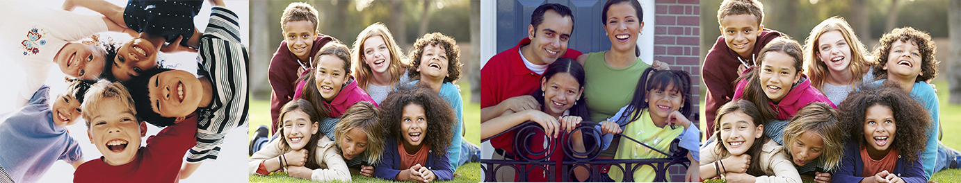 Multiple images of families and groups of youth as a banner